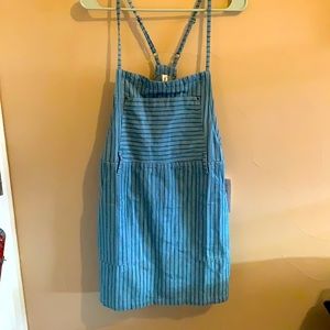 Blue Overall Style Mini Dress w/ Subtle Complementary Green Stripes